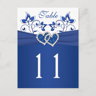 Royal Blue, White Floral Hearts Tischnummer Card