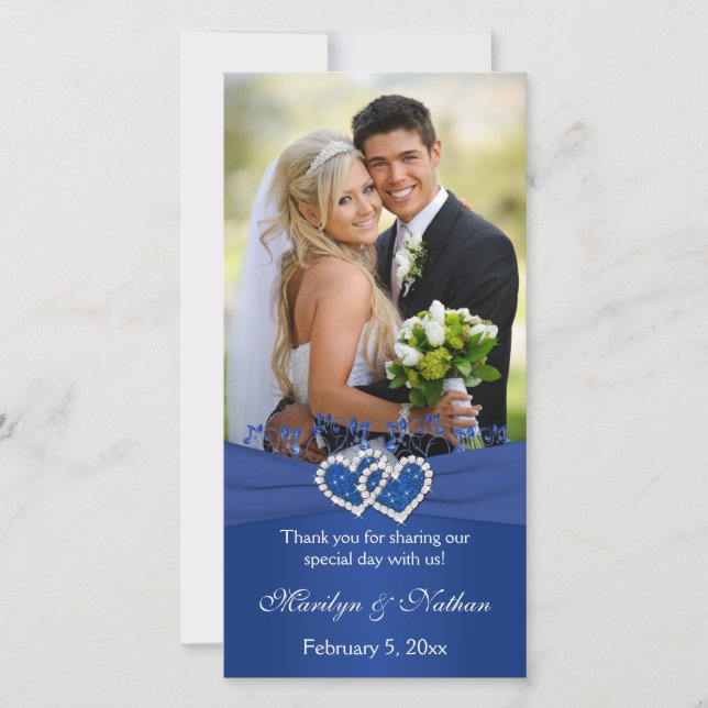 Royal Blue, White Floral Hearts Wedding Foto Card Dankeskarte (Vorderseite)