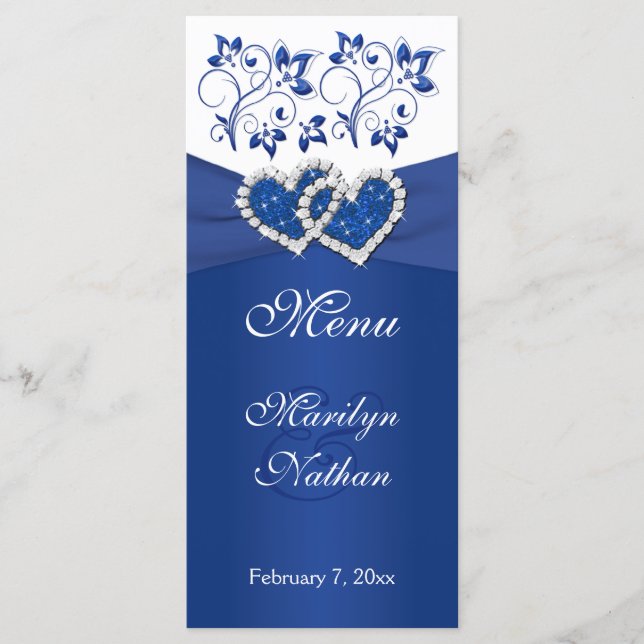 Royal Blue, White Floral Joined Hearded Card Menükarte (Vorderseite)