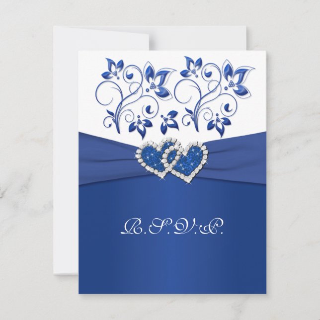 Royal Blue, White Floral Joined Hearded Cards RSVP (Vorderseite)