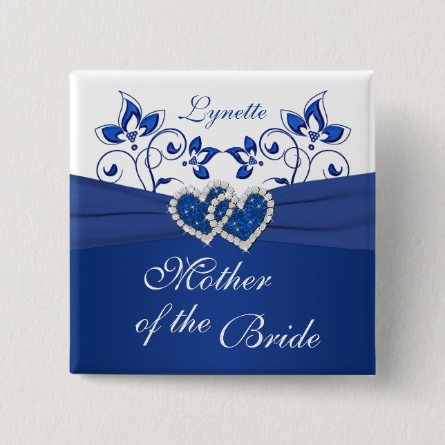 Royal Blue, White Floral Mother of the Bride Butto Button (Vorderseite)