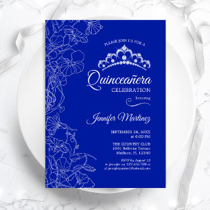 Royal Blue White Floral Quinceanera Party Einladung