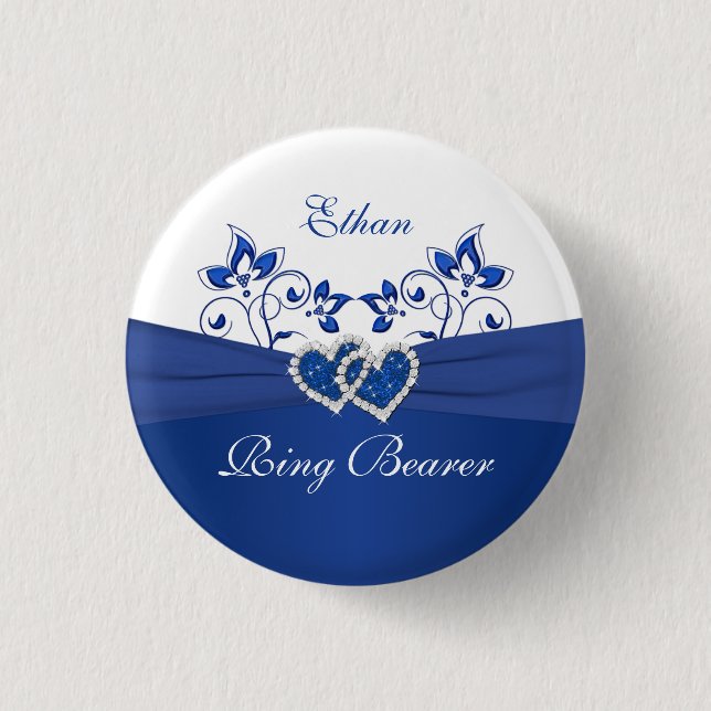 Royal Blue, White Floral Ring Bearer Button (Vorderseite)