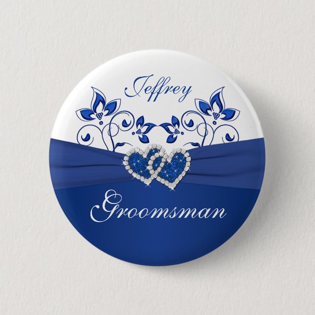 Royal Blue, White Floral Trauzeuge Button (Vorderseite)