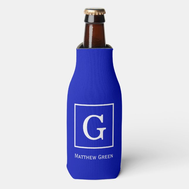 Royal Blue White Gerahmt Initial Monogram Flaschenkühler (Flaschenvorderseite)