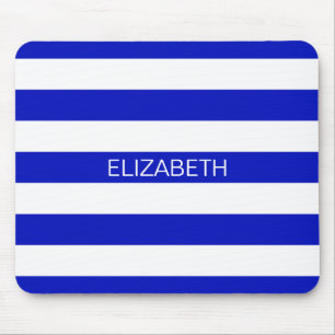 Royal Blue White Horiz Preppy Strip Name Monogram Mousepad