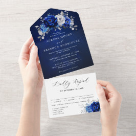 Royal Blue White Metallic Floral Wedding Al All In One Einladung