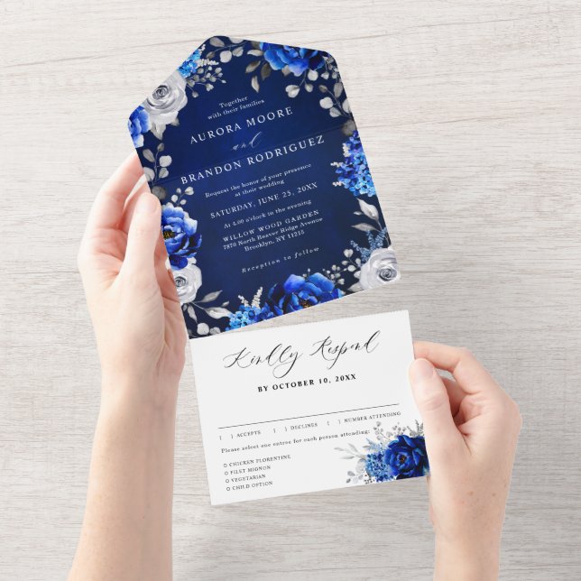 Royal Blue White Metallic Floral Wedding Al All In One Einladung (Abreißen)