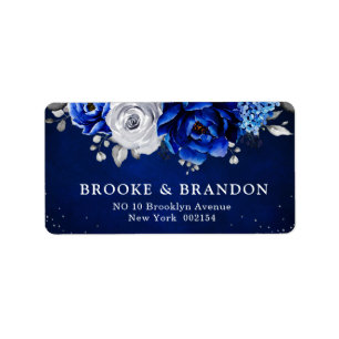 Royal Blue White Metallic Floral Wedding La Adressaufkleber