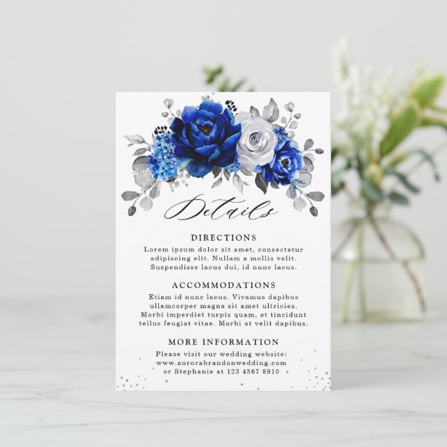Royal Blue White Metallic Silver Floral Details En Begleitkarte (Stehend Vorderseite)