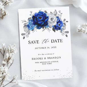 Royal Blue White Metallic Silver Floral Save The Date