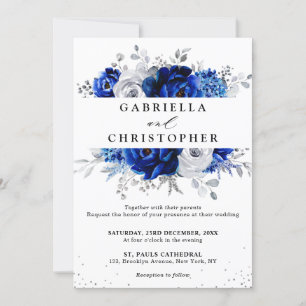 Royal Blue White Metallic Silver Floral Wedding Einladung