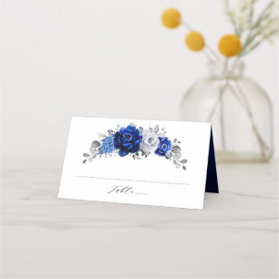 Royal Blue White Metallic Silver Floral Wedding Platzkarte