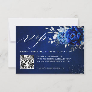 Royal Blue White Metallic Silver Floral Wedding QR RSVP Karte
