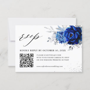 Royal Blue White Metallic Silver Floral Wedding QR RSVP Karte