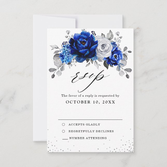 Royal Blue White Metallic Silver Floral Wedding RSVP Karte (Vorderseite)