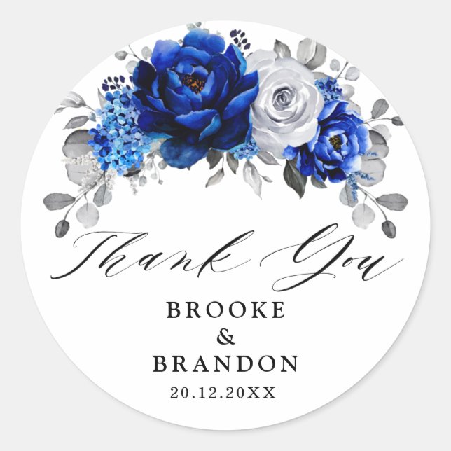 Royal Blue White Metallic Silver Floral Wedding Runder Aufkleber