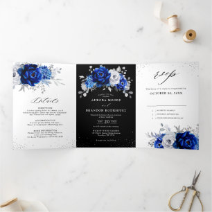 Royal Blue White Metallic Silver Floral Wedding Tr Dreifach Gefaltete Ankündigung