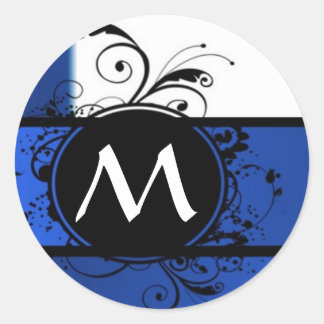 Royal blue/white monogram runder aufkleber