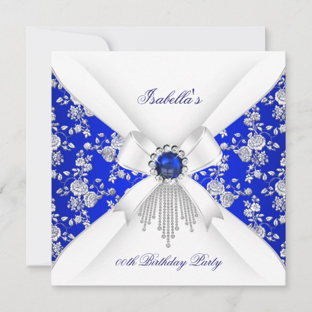 Royal Blue White Rose Damask Pearl Birthday Einladung (Vorderseite)