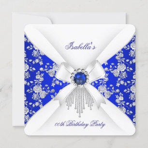 Royal Blue White Rose Damask Pearl Birthday Einladung