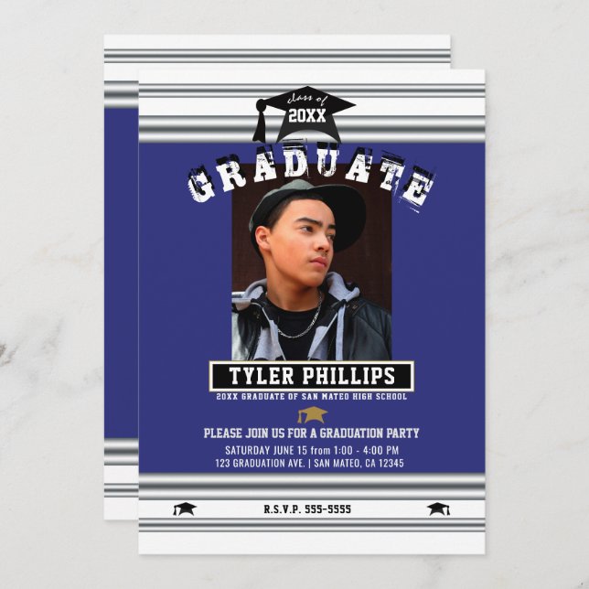 Royal Blue White Silver Abschluss Foto Party Einladung (Vorne/Hinten)