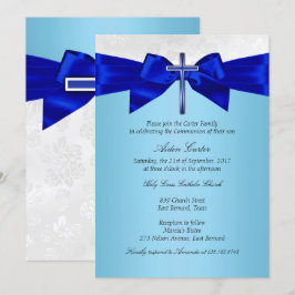 Royal Blue White Silver Cross Boys Communion Einladung