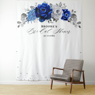 Royal Blue White Silver Floral Brautparty Wandteppich