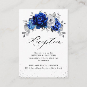 Royal Blue White Silver Floral Hochzeitsempfang Begleitkarte