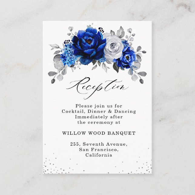 Royal Blue White Silver Floral Hochzeitsempfang Begleitkarte (Vorderseite)