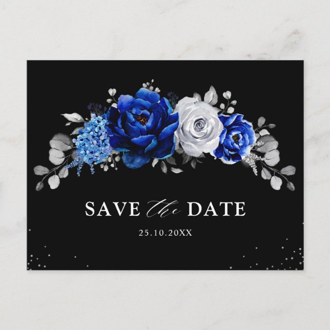 Royal Blue White Silver Floral Save the Date Postc Postkarte (Vorderseite)