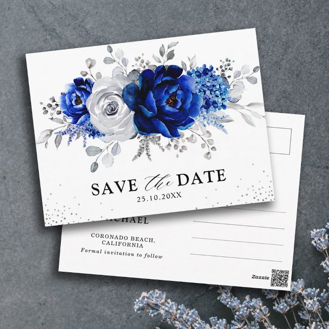 Royal Blue White Silver Floral Save the Date Postkarte (Von Creator hochgeladen)