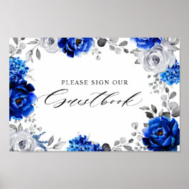 Royal Blue White Silver Floral Unterschreiben Sie  Poster