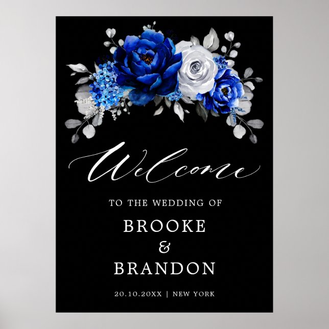 Royal Blue White Silver Floral Wedding Welcome Pos Poster (Vorne)
