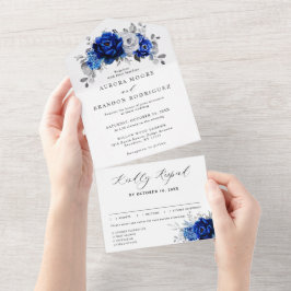 Royal Blue White Silver Metallic Floral Wedding All In One Einladung