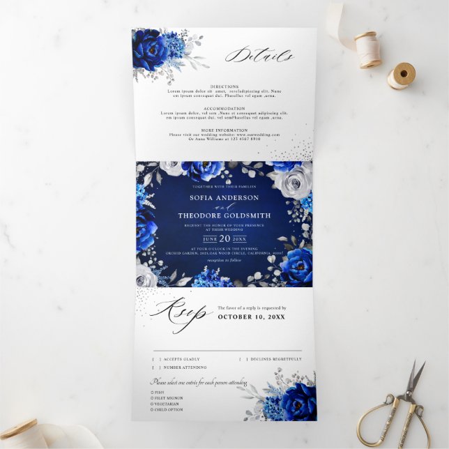 Royal Blue White Silver Metallic Floral Wedding Dreifach Gefaltete Ankündigung (Innenseite)
