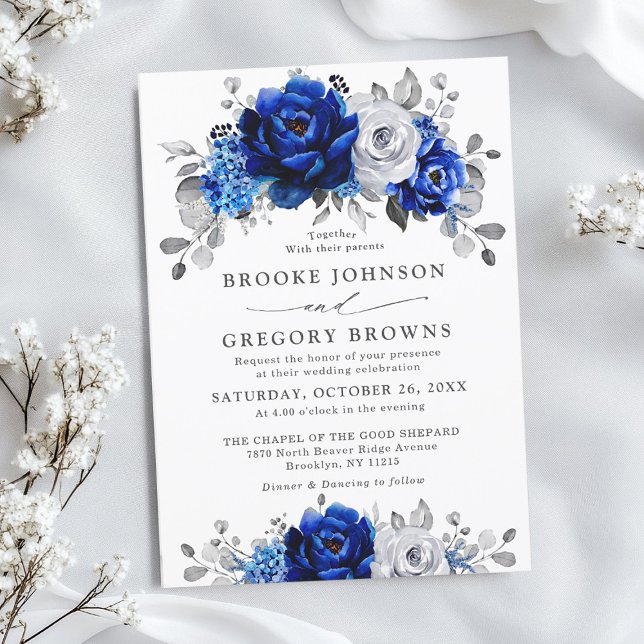 Royal Blue White Silver Metallic Floral Wedding Einladung (Royal blue silver / White metallic grey floral wedding invitation)