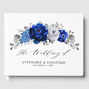 Royal Blue White Silver Metallic Floral Wedding Gästebuch