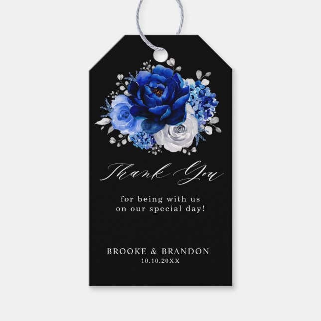 Royal Blue White Silver Metallic Floral Wedding Gi Geschenkanhänger (Vorderseite)