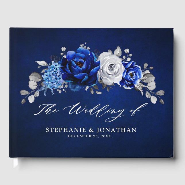 Royal Blue White Silver Metallic Floral Wedding Gu Gästebuch (Vorderseite)