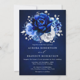 Royal Blue White Silver Metallic Floral Wedding in Einladung