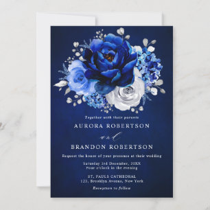 Royal Blue White Silver Metallic Floral Wedding in Einladung