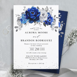 Royal Blue White Silver Metallic Floral Wedding in Einladung