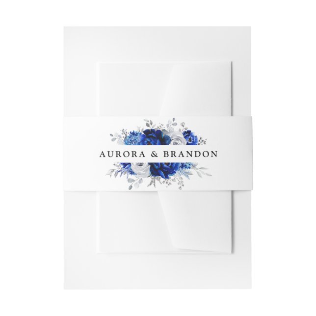 Royal Blue White Silver Metallic Floral Wedding in Einladungsbanderole (Vorderseite Beispiel)