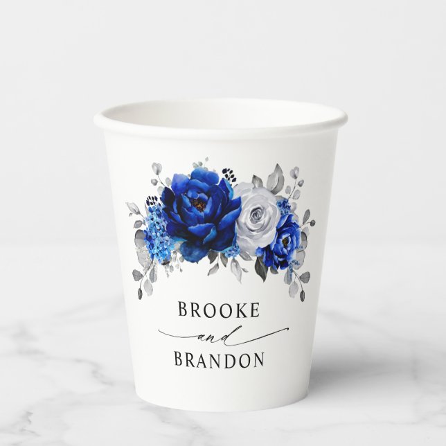 Royal Blue White Silver Metallic Floral Wedding Pappbecher (Vorderseite)
