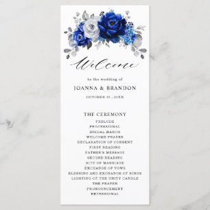 Royal Blue White Silver Metallic Floral Wedding Programm