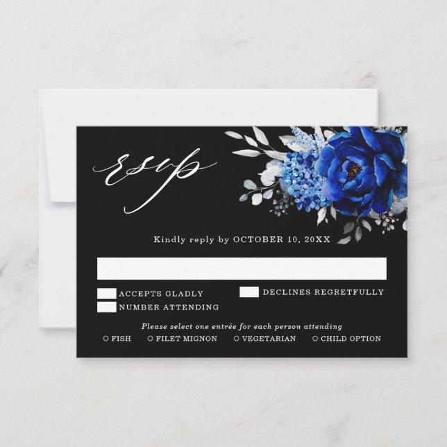 Royal Blue White Silver Metallic Floral Wedding RS RSVP Karte (Vorderseite)