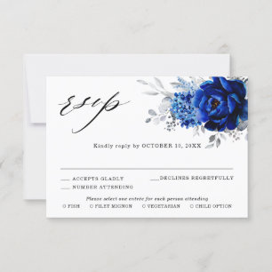 Royal Blue White Silver Metallic Floral Wedding RSVP Karte