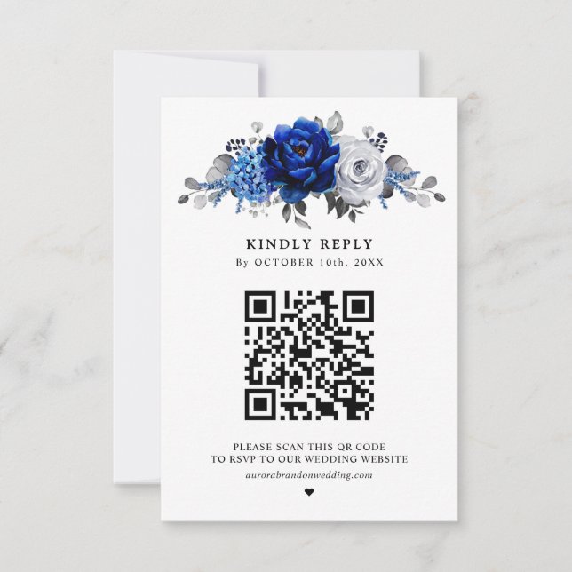 Royal Blue White Silver Metallic Floral Wedding RSVP Karte (Vorderseite)