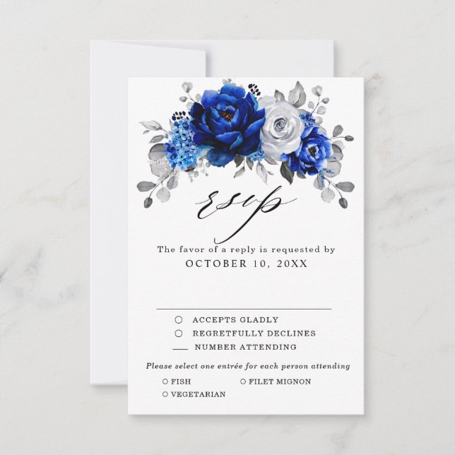 Royal Blue White Silver Metallic Floral Wedding RSVP Karte (Vorderseite)
